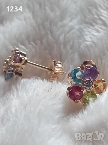  Златни обеци МEXICO  с диаманти и микс от естествени камъни ръчна изработка, снимка 4 - Обеци - 53932380