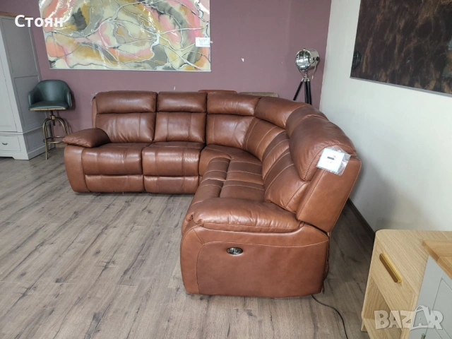 Кафяв кожен ъглов диван Moreno с електрически релаксиращ механизъм, снимка 3 - Дивани и мека мебел - 53702191