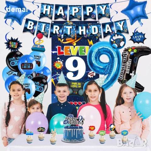 Декорации за 9-ти рожден ден за игри за момчета - 41 бр. сини банери за видеоигри, снимка 7 - Декорация за дома - 53656422