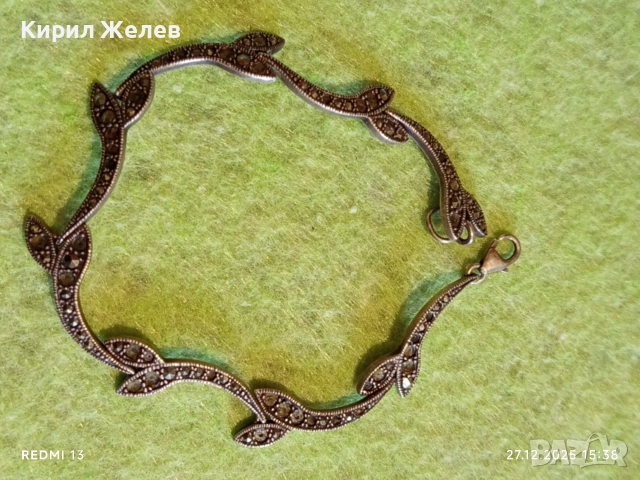 Сребърна гривна с МАРКЕЗИТ във формата на листа ювелирна изработка 43840, снимка 2 - Гривни - 52913016