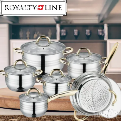 Комплект тенджери и тиган Royalty Line RL-1231G, 12ч.,16К/16/18/ 20/24/24Tсм., Индукция, Инокс, Злат, снимка 5 - Съдове за готвене - 47607924