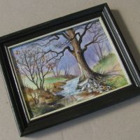 Картина акварел Пейзаж с рекичка, в рамка 15/19 см, отлична, снимка 2 - Картини - 45385102