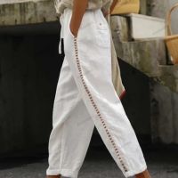 Дамски едноцветни памучни ленени ежедневни панталони, 4цвята , снимка 2 - Панталони - 45815199