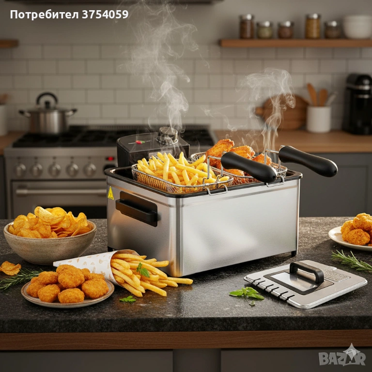 Фритюрник Cheffinger CF-EDP5.0 – 5L, 2000W, неръждаема стомана, 3 кошници, регулируема температура, снимка 1