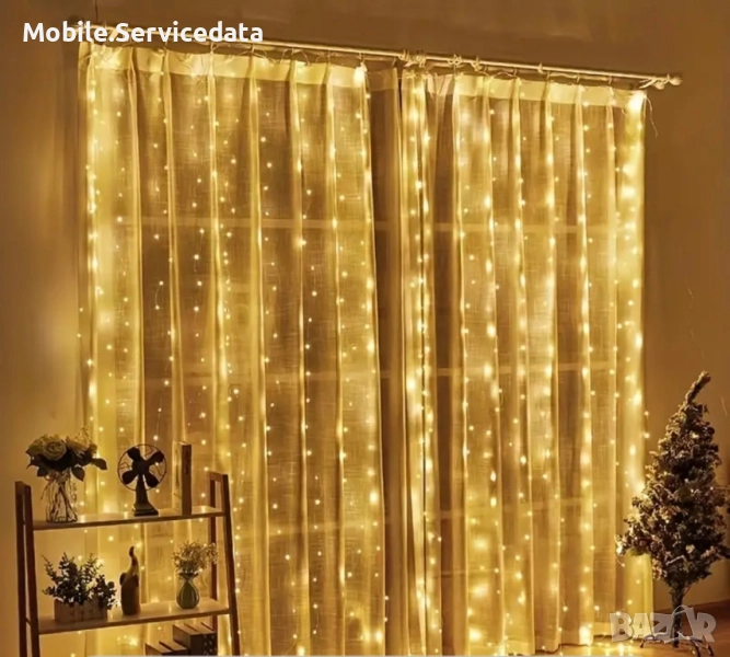 Светеща завеса 600 Led лампи 2х3м водоустойчива черен кабел, снимка 1