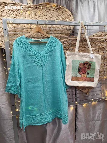 ЛЕНЕНА тюркоазена риза  с бродерии- 48 размер, снимка 1