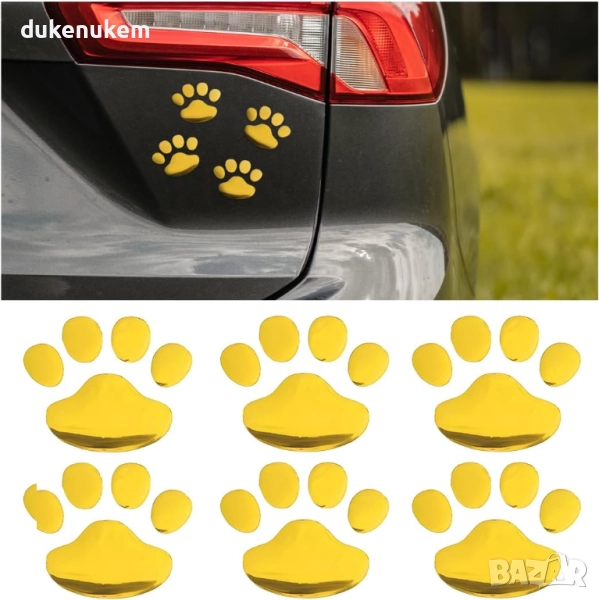3D стикери лапички за автомобил – златни, 6 броя, снимка 1
