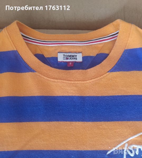 Tommy Hilfiger тениска, оранжево и синьо, S размер, но широка, обличана веднъж, снимка 1