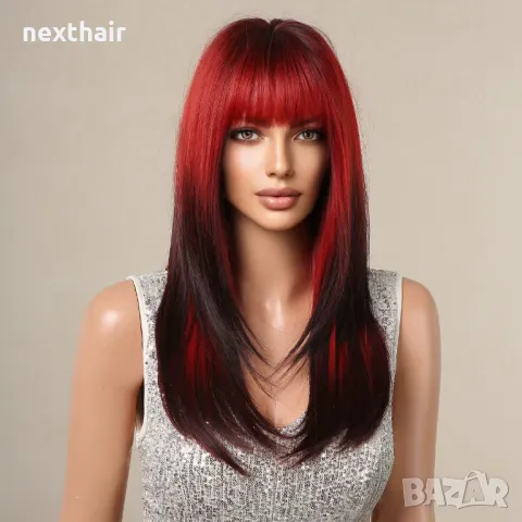 Ефектна омбре перука черно червена с бретон 60 см, снимка 4 - Аксесоари за коса - 50191899