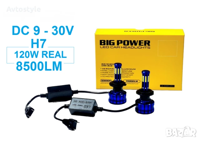 Комплект 360°LED крушки за фарове H7, 12V 120W, 8500 lm, Canbus , снимка 1