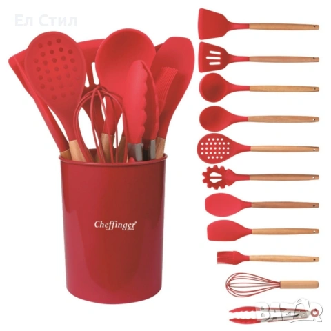 Комплект 12 части кухненски прибори със стойка–силиконови накрайници, дървени дръжки, снимка 8 - Прибори за хранене, готвене и сервиране - 53572991