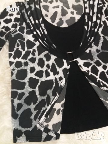 РАЗКОШНА блуза в черно-бял леопардов принт с катарама със сребристи камъчета , снимка 3 - Ризи - 45078240
