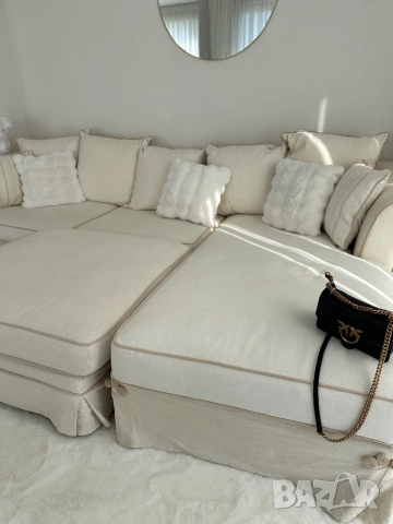 Ъглов диван от гъши пух с лежанка и табуретка Martineli, снимка 12 - Дивани и мека мебел - 53616515