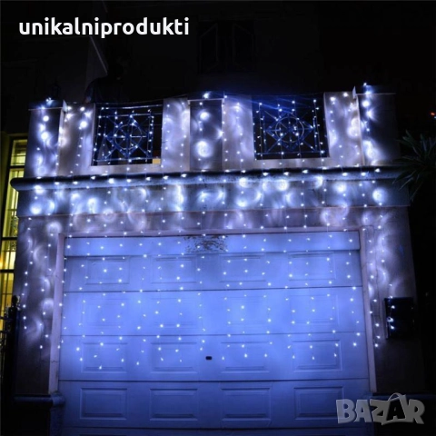 ВОДОПАД коледна LED ЗАВЕСА 3м х 3м студено бяла светлина с функция валящ сняг