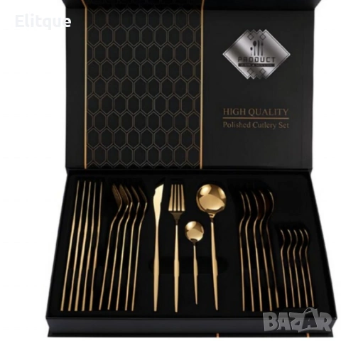 Комплект прибори за хранене в златист цвят от 24 части с луксозен дизайн и магнитна кутия, снимка 3 - Други - 53203301