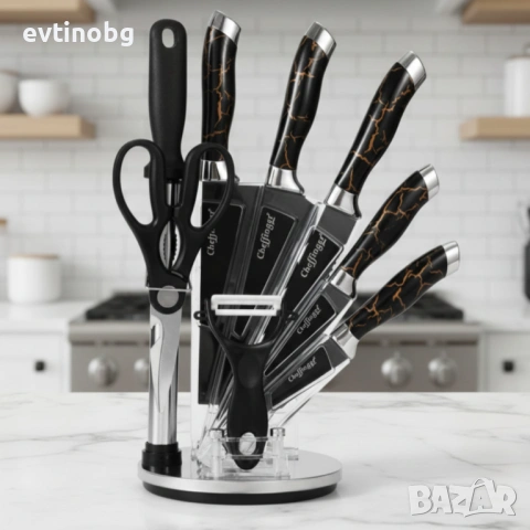 Комплект уреди за рязане Cheffinger – 9 части с мраморно покритие, стойка, точило и белачка, снимка 5 - Аксесоари за кухня - 53781670