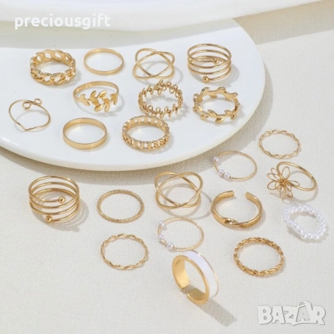 Комплект бижута - 22 броя пръстени, налични в цвят сребро или злато, снимка 10 - Пръстени - 53071118