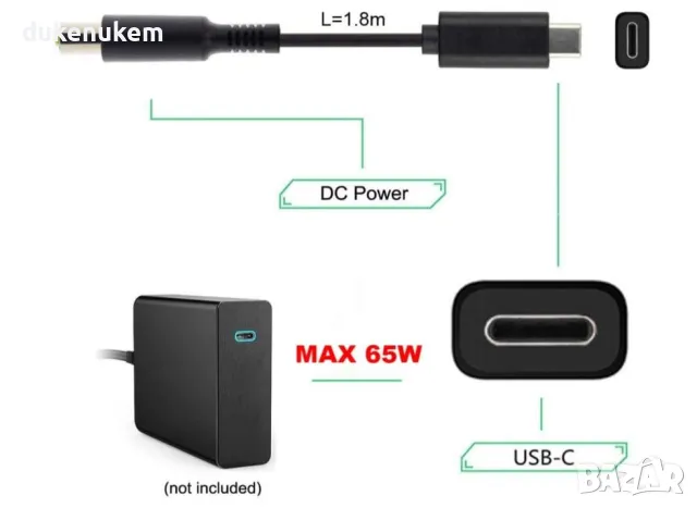 НОВ! USB-C към DC 5.5 x 2.1 mm кабел 65W 87W 1.8m за лаптоп, снимка 4 - Кабели и адаптери - 47197423