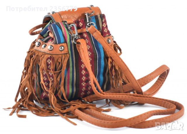 Дамска чанта тип раничка декорирана с ресни в кафяв цвят, снимка 4 - Чанти - 45651543