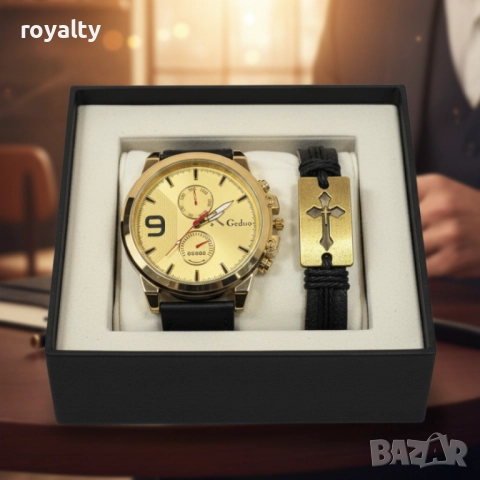 Мъжки комплект Geduo – елегантен часовник със златист циферблат и кожена гривна в подаръчна кутия, снимка 2 - Бижутерийни комплекти - 52122305