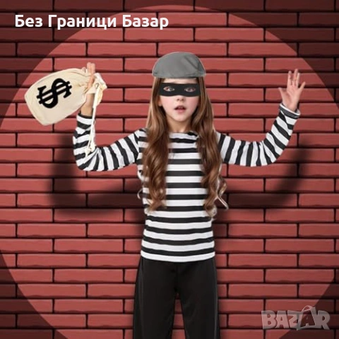 Нов Костюм крадец за деца с маска и аксесоари за Хелоуин торба банкноти, снимка 6 - Други - 53839492