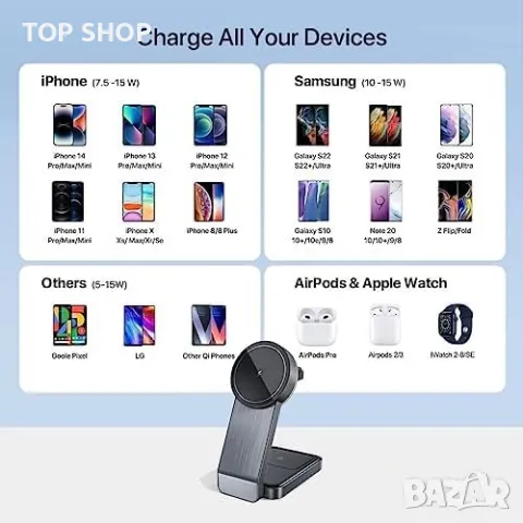 Ново Магнитно безжично зарядно устройство 15W/Сгъваема стойка, снимка 2 - Безжични зарядни - 49498297