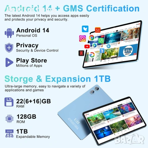 Таблет 2025 Android 14, 22GB RAM 128GB ROM 1TB Expansion, 10-инчов осемядрен таблет , снимка 3 - Таблети - 53755428