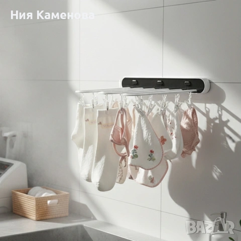 Самозалепваща се сгъваема стойка за сушене на дрехи с 24 щипки