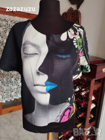 Дамска черна блуза щампа с прозрачен гръб