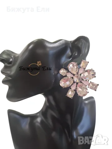 Обеци розови кристали цветя , снимка 3 - Обеци - 49844991