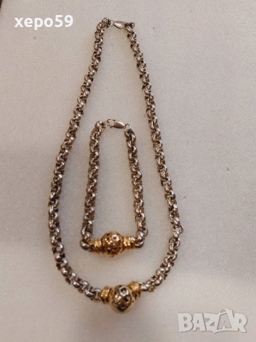 Прекрасна сребърна авторска дамска гривна и колие.Сребро проба 925,златни 9 каратови апликации, снимка 10 - Колиета, медальони, синджири - 52293101