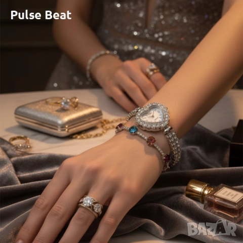 Сърцевиден дамски часовник с гривна и кристали – стил и практичност в кутия, снимка 2 - Дамски - 52056637