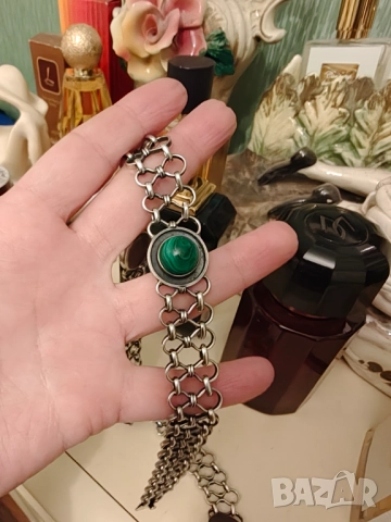 Ретро масивна сребърна огърлица с малахит , снимка 3 - Колиета, медальони, синджири - 52913901