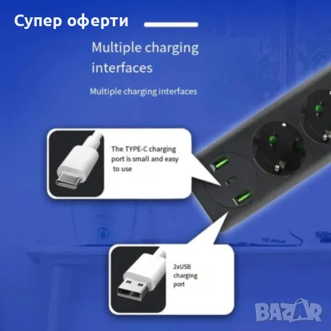 Многофункционален разклонител с USB портове и супер защита от претоварване, снимка 2 - Друга електроника - 48679510