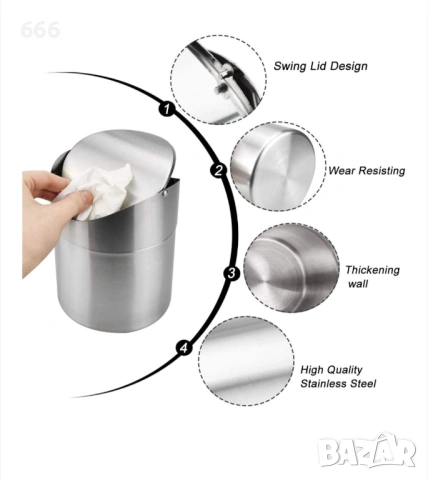 Мини кошче за боклук с капак, 12x12x16см, 1.5л, неръждаема стомана, елегантен дизайн