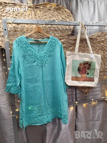 ЛЕНЕНА тюркоазена риза  с бродерии- 48 размер, снимка 1