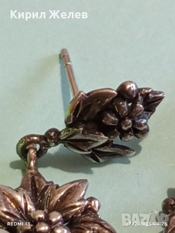 Винтидж сребърни обеци с флорален мотив и инкрустирани перли ювелирна изработка 52447, снимка 4 - Обеци - 52909467