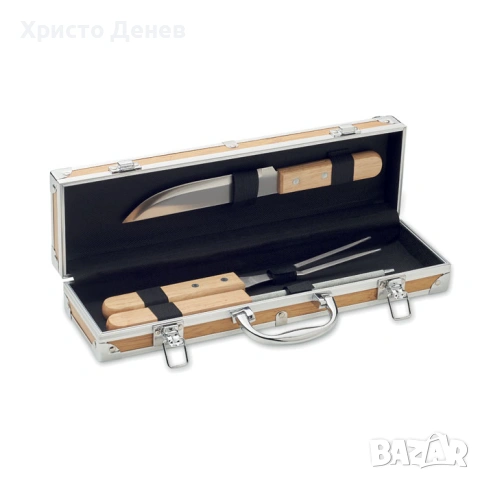 комплект за барбекю в метално куфарче, от 3 части, неръждаема стомана и естествено дърво, снимка 5 - Прибори за хранене, готвене и сервиране - 53655078