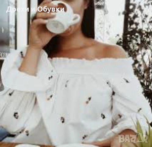 Бяла блуза с бродирани цветя ZARA , снимка 5 - Ризи - 52627956