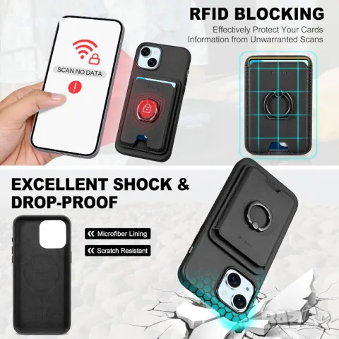 TUCCH кожен калъф за iPhone 15 Plus с отделение за карти, черен, снимка 7 - Калъфи, кейсове - 49790345