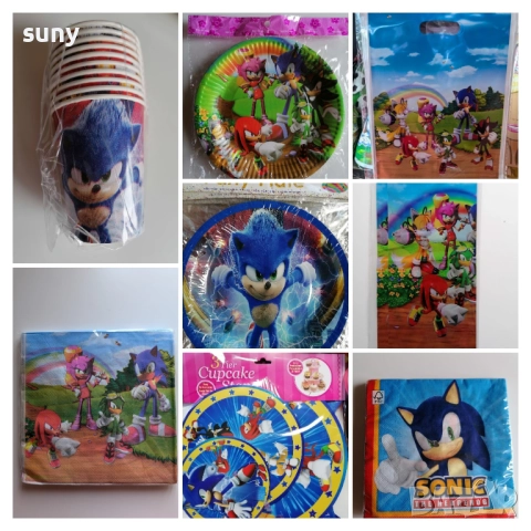 Кутийка за лакомства Соник, парти чинийки, парти чашки, медали, парти свирки, маски, картонена торта, снимка 2 - Други - 49007011
