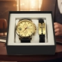 Мъжки комплект Geduo – елегантен часовник със златист циферблат и кожена гривна в подаръчна кутия, снимка 2