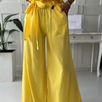 Дамски панталон със широк крачол в жълто  , снимка 3 - Панталони - 45326020