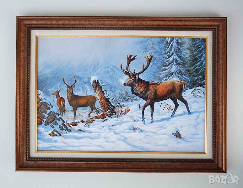Зимен планински пейзаж с елени, картина за ловци, снимка 1