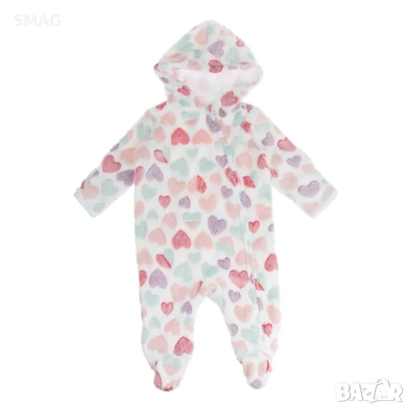 Бебешко поларено боди ромпър бяло многоцветно с дизайн на сърца на качулка S_1245112, снимка 1