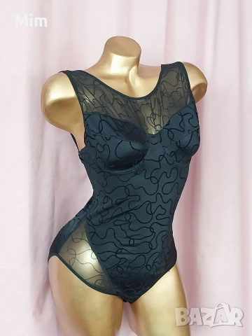 80 С Черно, еластично боди с релефни кадифени фигури , снимка 2 - Бельо - 53741819