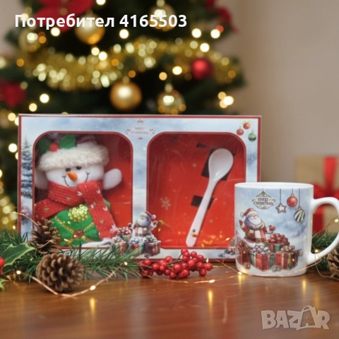 Празничен подаръчен комплект с чаша, лъжичка и снежен човек – готов за подаряване, снимка 2 - Коледни подаръци - 52672943