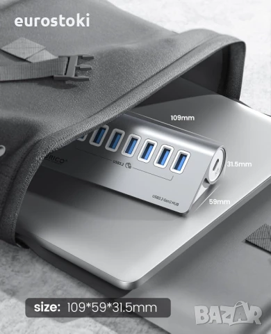ORICO захранван USB хъб 10Gbps, 7-портов USB 3.2 Gen 2 хъб, 6 USB 3.2 порта за данни, 1 PD 60W, снимка 2 - Кабели и адаптери - 51253607
