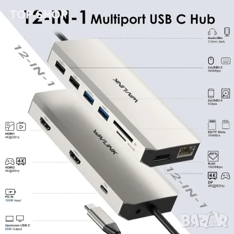 USB C докинг станция за три монитора 2 HDMI+DisplayPort, WAVLINK 100 W, снимка 4 - Кабели и адаптери - 49457593
