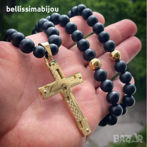 Мъжки Гердан от Оникс и Стомана, снимка 2 - Колиета, медальони, синджири - 50218266